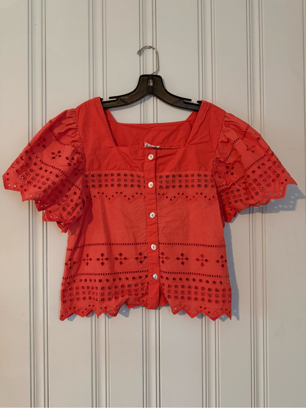 Nicole Miller Red Eyelet Button-Front Square Neck Blouse